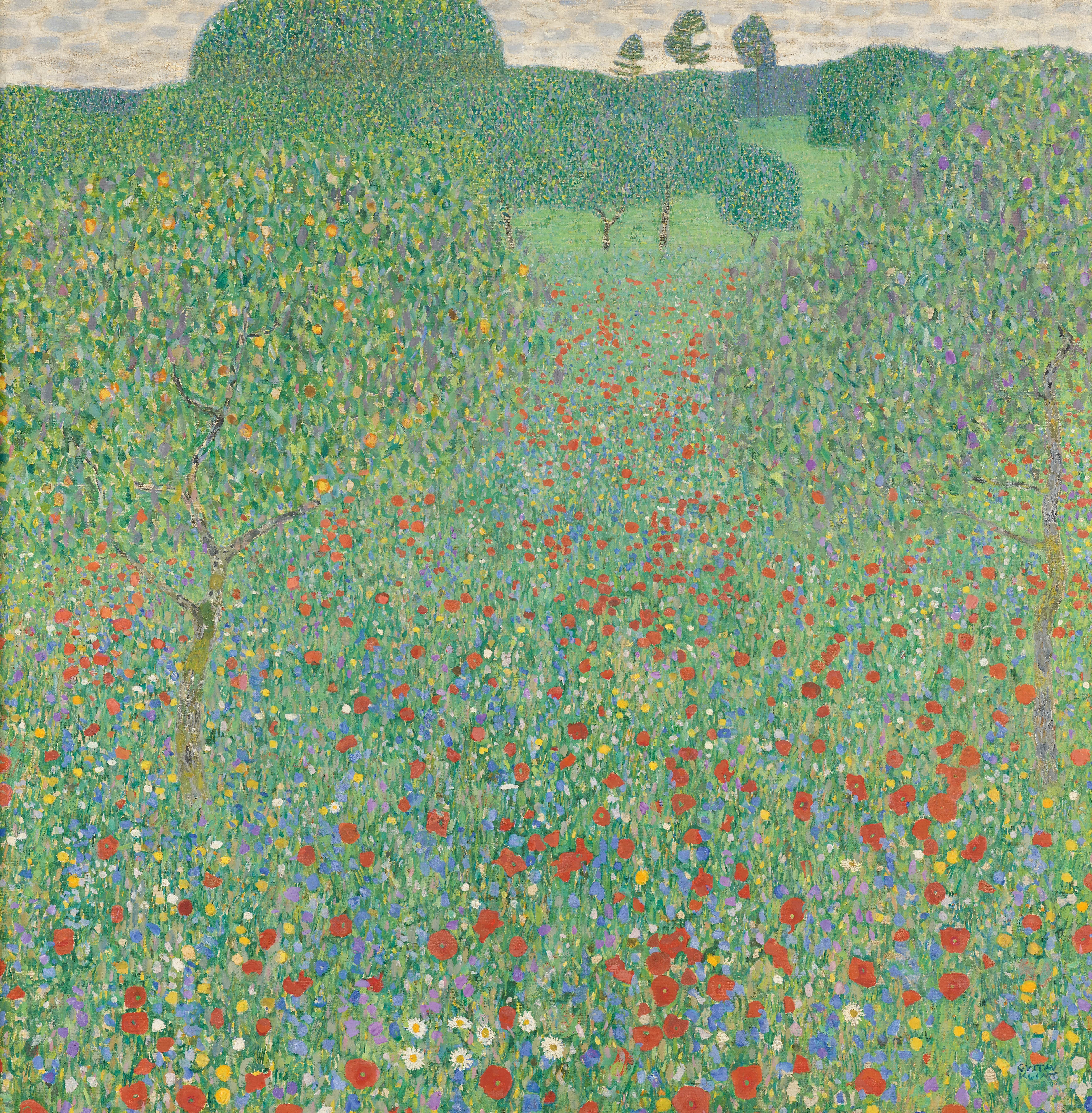 Blooming Poppies by Gustav Klimt, a meadow filled with red poppies stretching toward distant trees