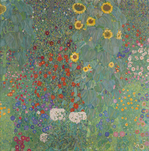 Farm Garden with Sunflowers by Gustav Klimt, dense garden filled with blooms