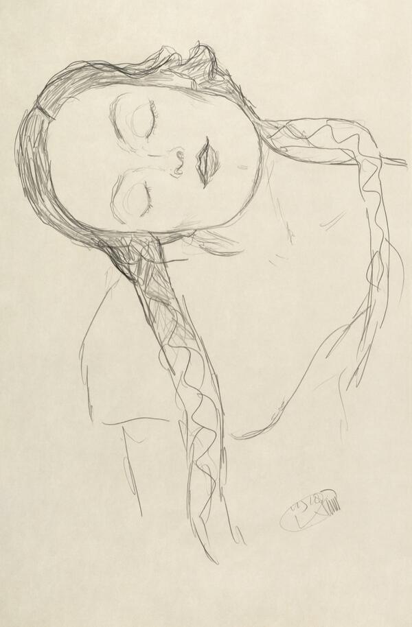 Half-figure of a Young Woman by Gustav Klimt, sensuous graphite drawing