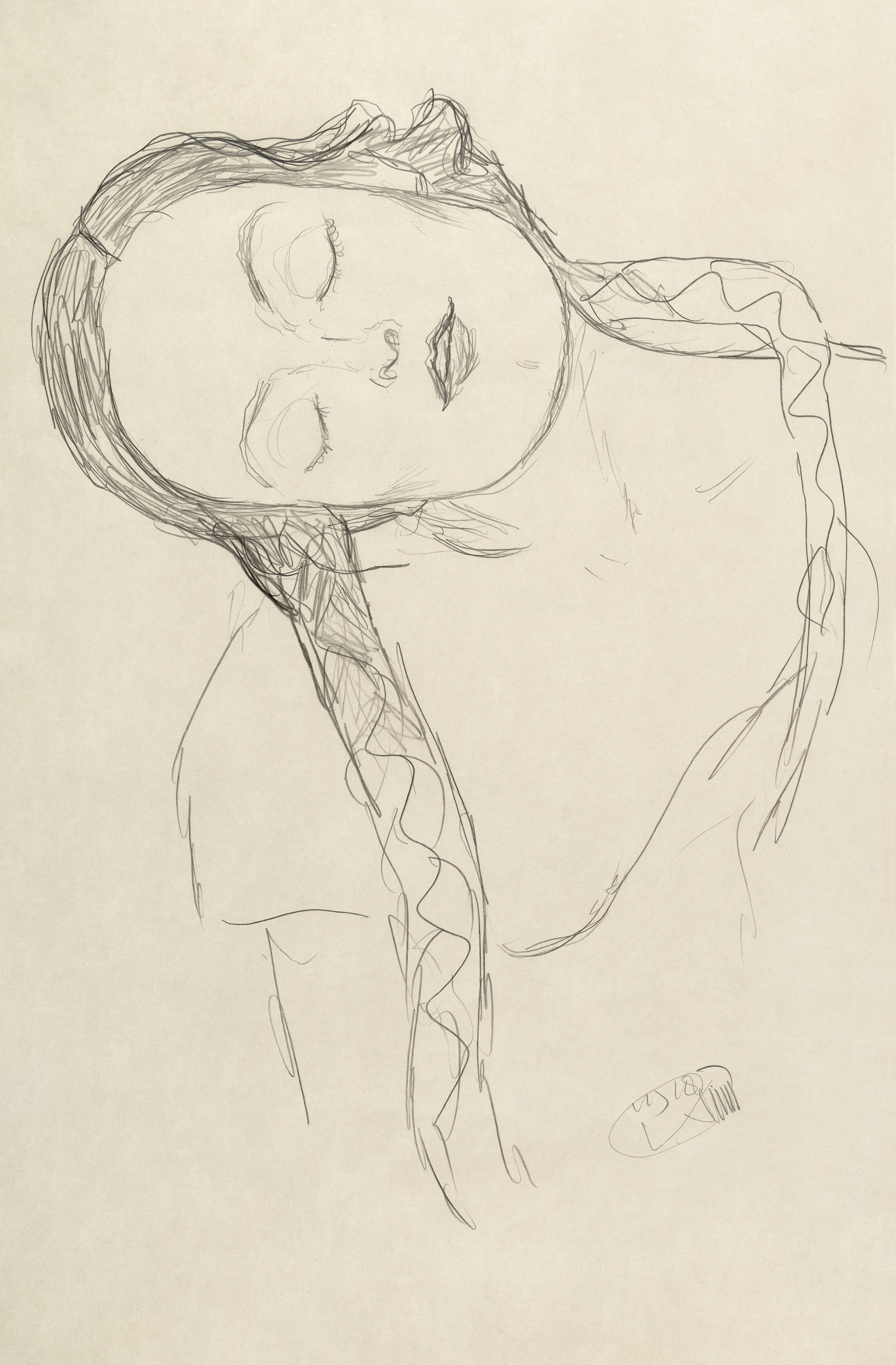Half-figure of a Young Woman by Gustav Klimt, a graphite drawing of a woman with her head resting on her shoulder