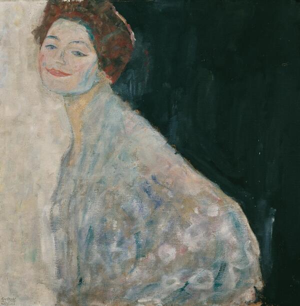 Lady in White by Gustav Klimt, unfinished portrait against dark green