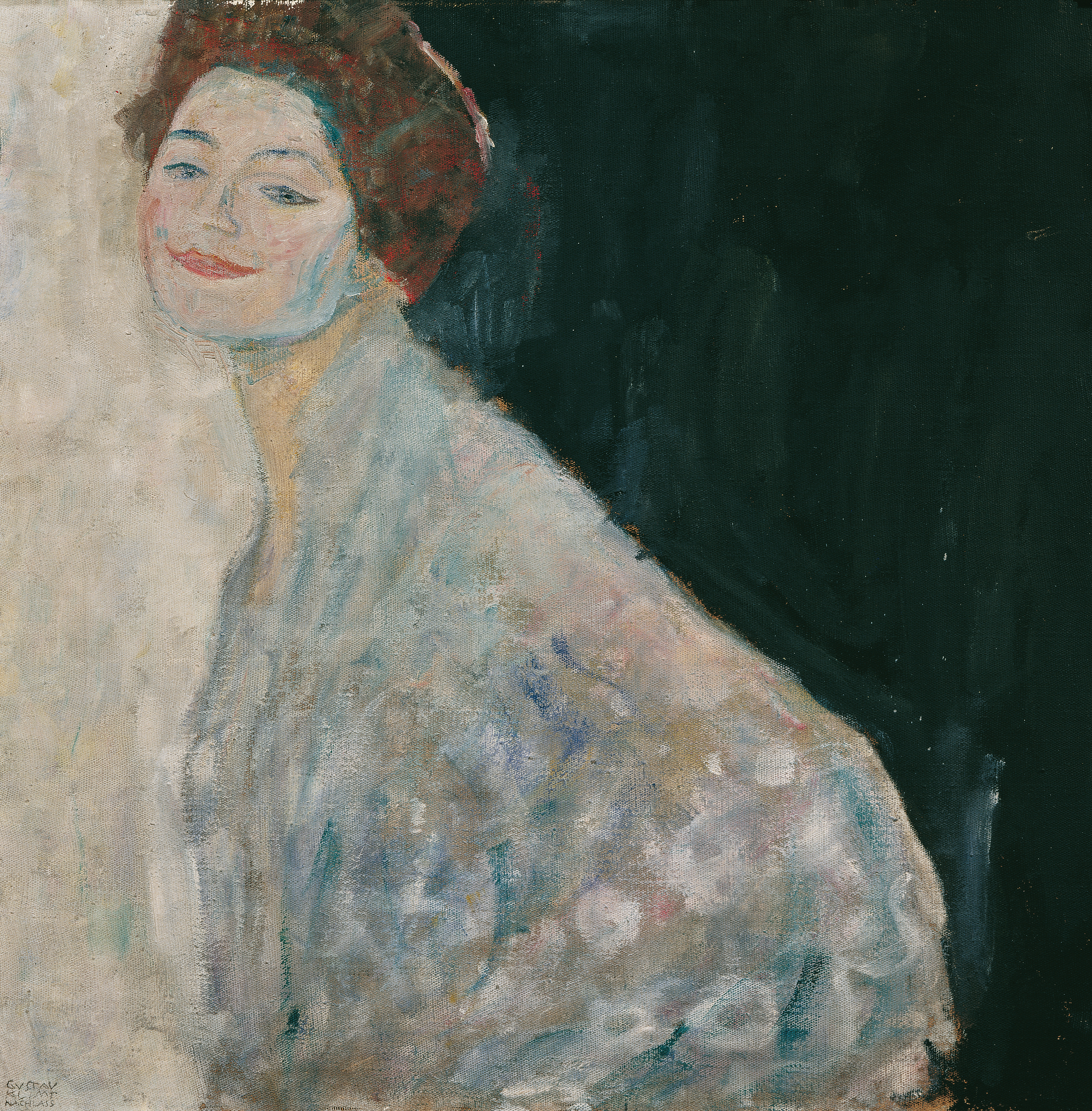 Lady in White by Gustav Klimt, an unfinished portrait of a smiling woman against a dark background