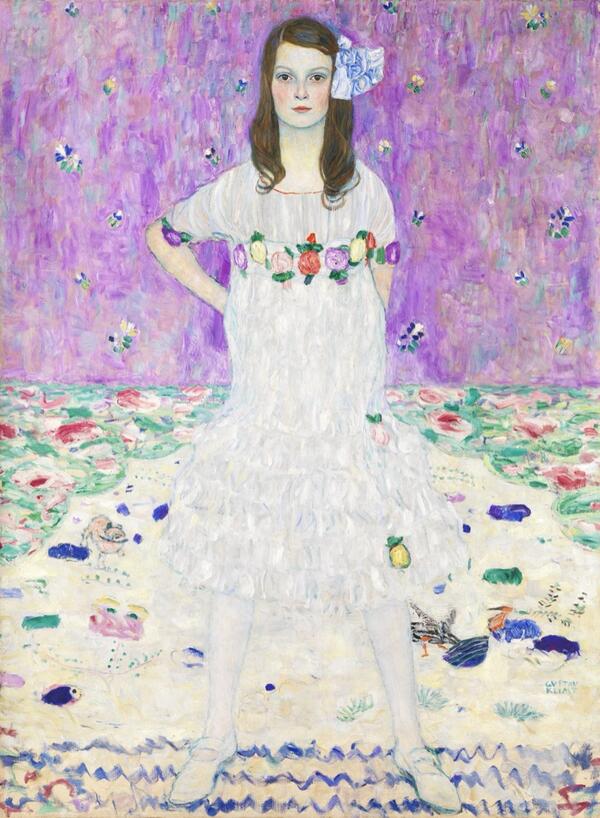Mäda Primavesi by Gustav Klimt, young girl in white dress on pink background