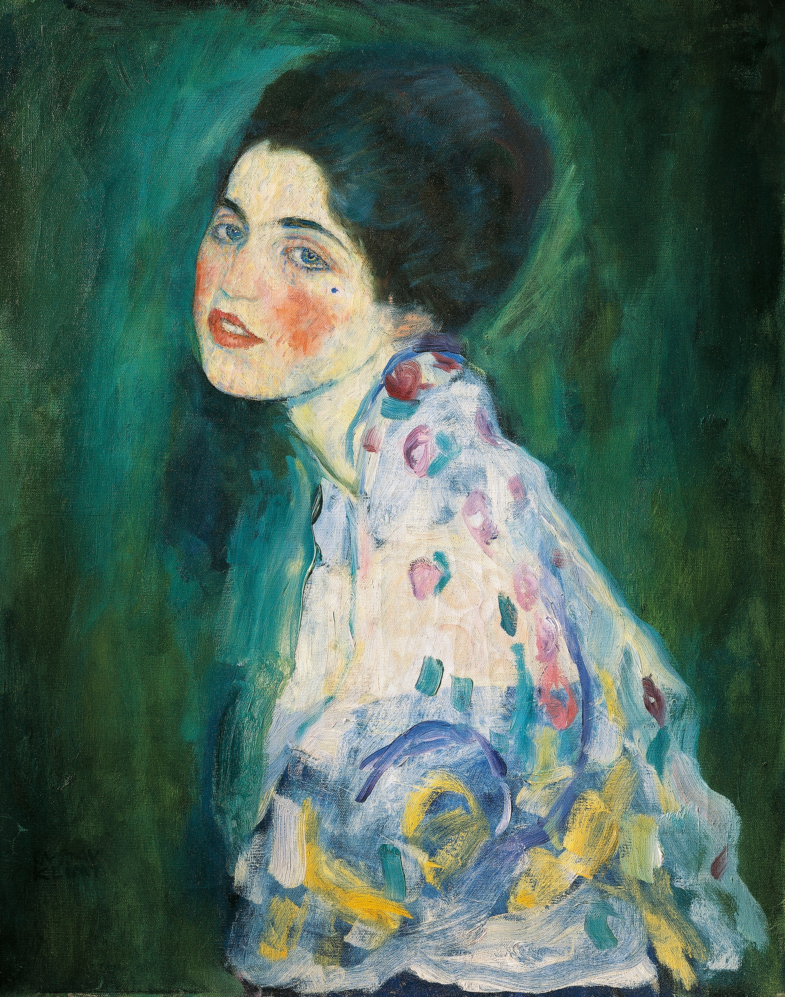 Portrait of a Lady by Gustav Klimt, a woman in a colorful shawl glancing over her shoulder against an emerald green background