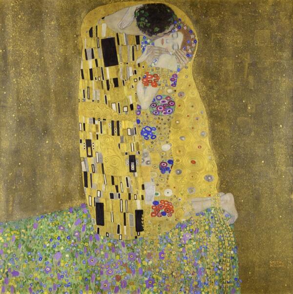 The Kiss by Gustav Klimt, two lovers embracing in golden robes