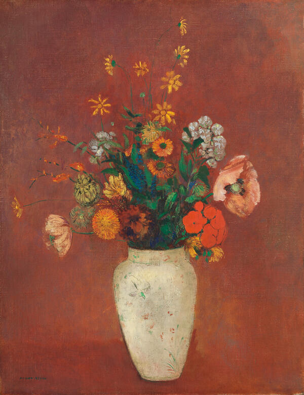 Bouquet in a Chinese Vase by Odilon Redon, colorful flowers in blue vase