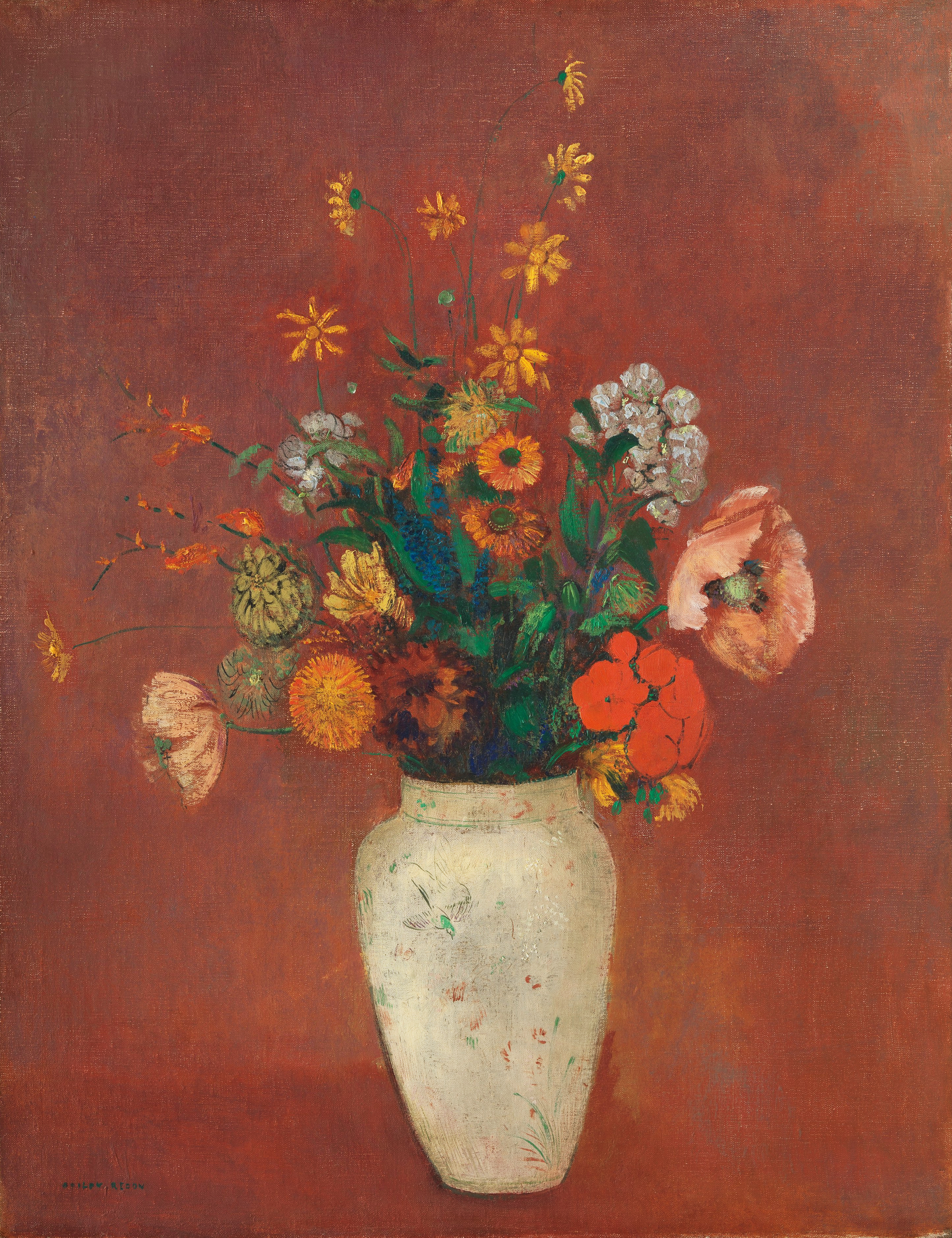 Bouquet of Flowers in a Chinese Vase by Odilon Redon, colorful flowers arranged in an ornate blue and white Chinese vase