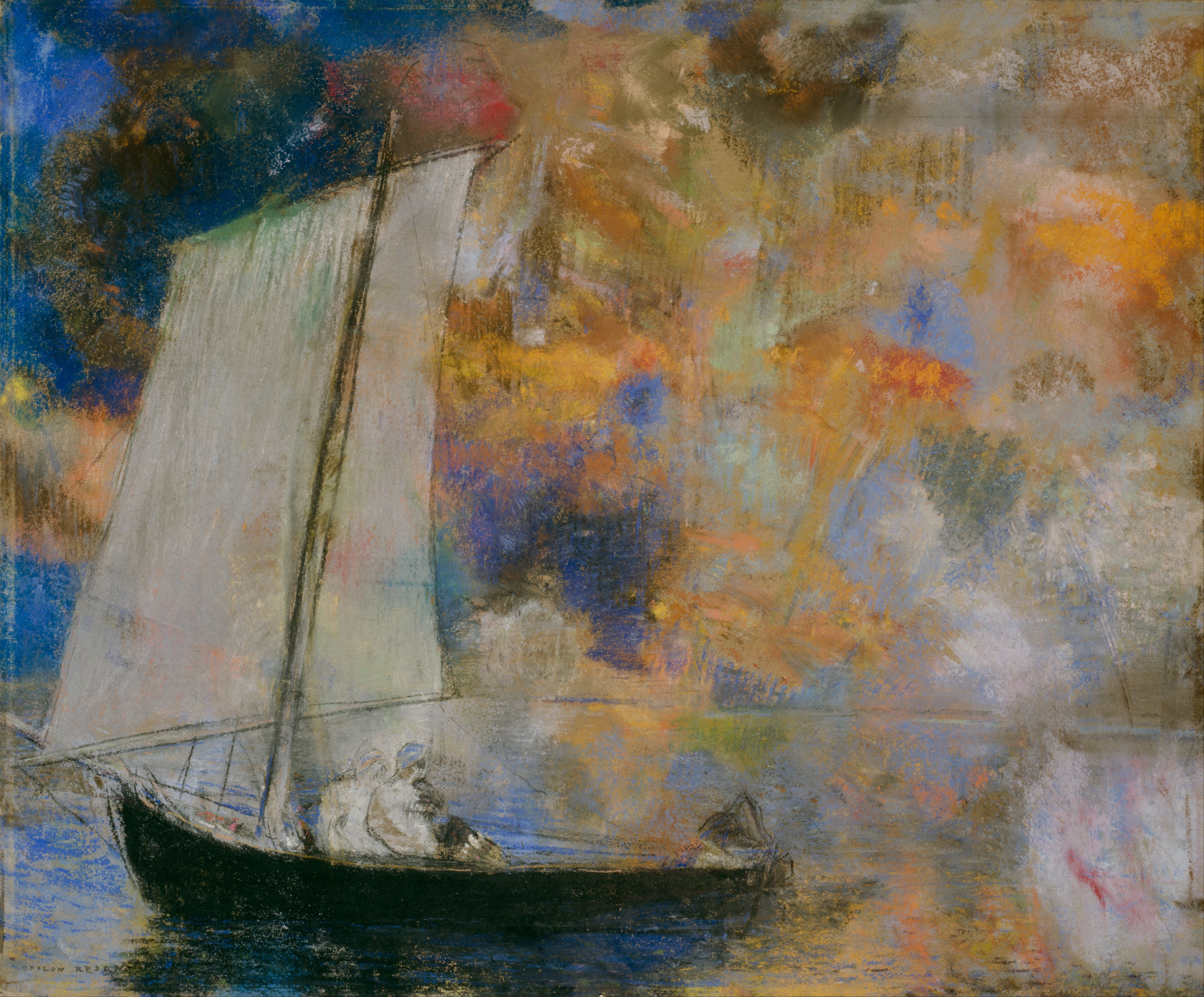 Flower Clouds by Odilon Redon, flowers floating among luminous clouds above a dark seascape with a small boat