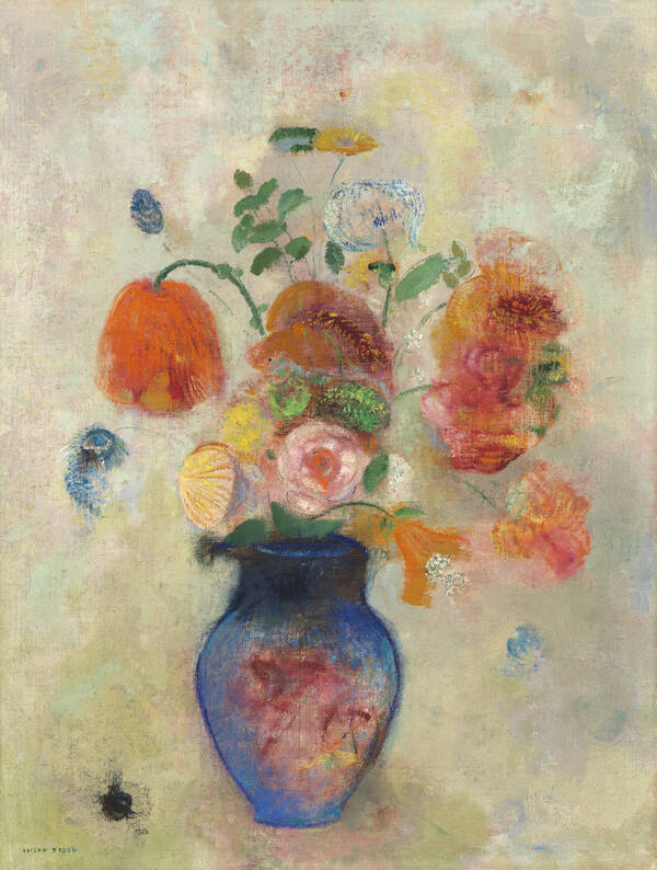 Large Vase with Flowers by Odilon Redon, vibrant bouquet against dark ground