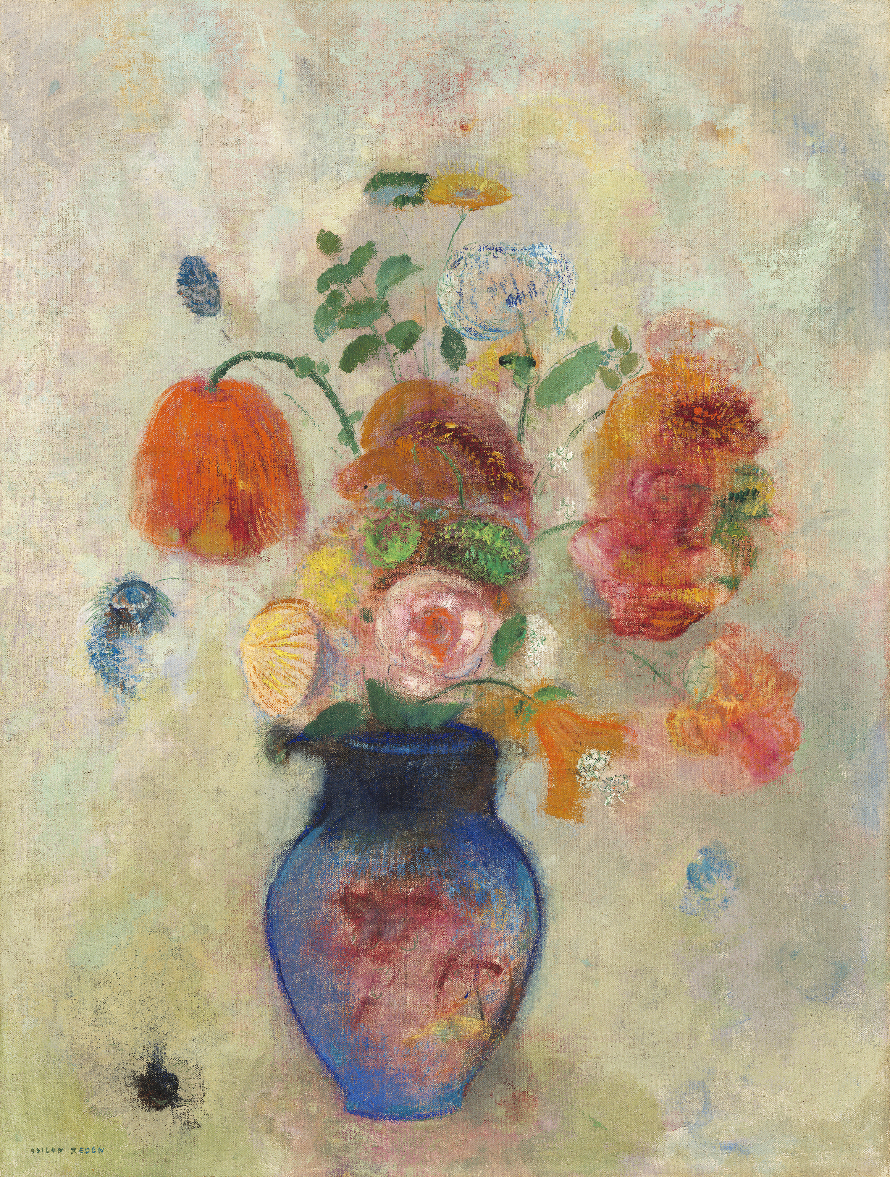 Large Vase with Flowers by Odilon Redon, a vibrant bouquet of flowers in a dark vase against a luminous background