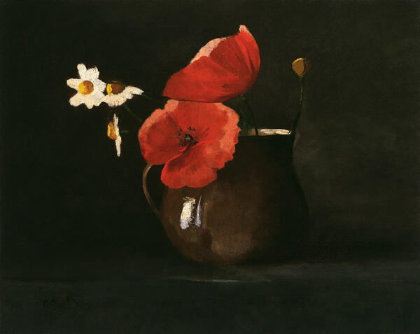 Poppies and Daisies by Odilon Redon, glowing flowers against dark background