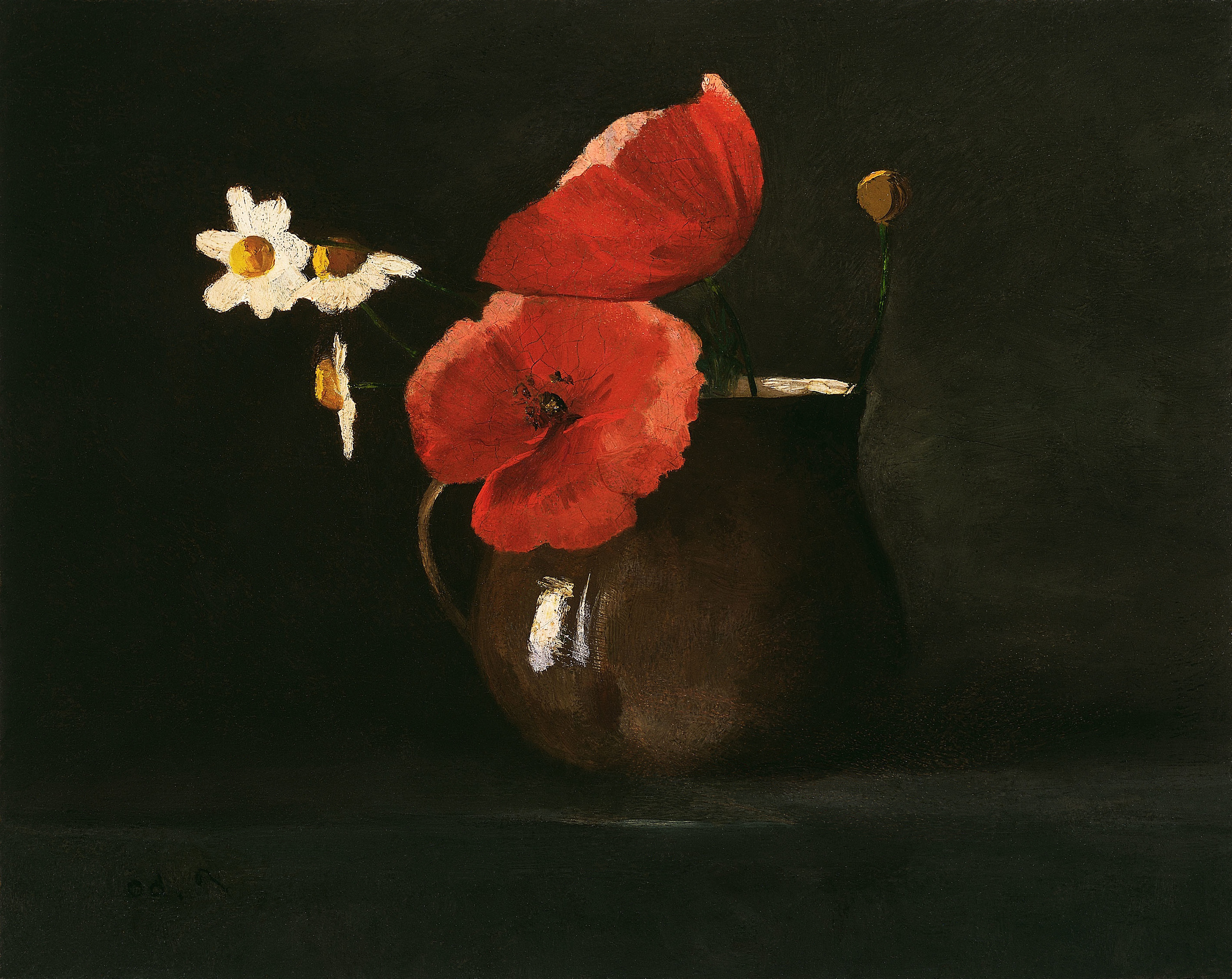 Poppies and Daisies by Odilon Redon, red poppies and white daisies in a vase against a dark background