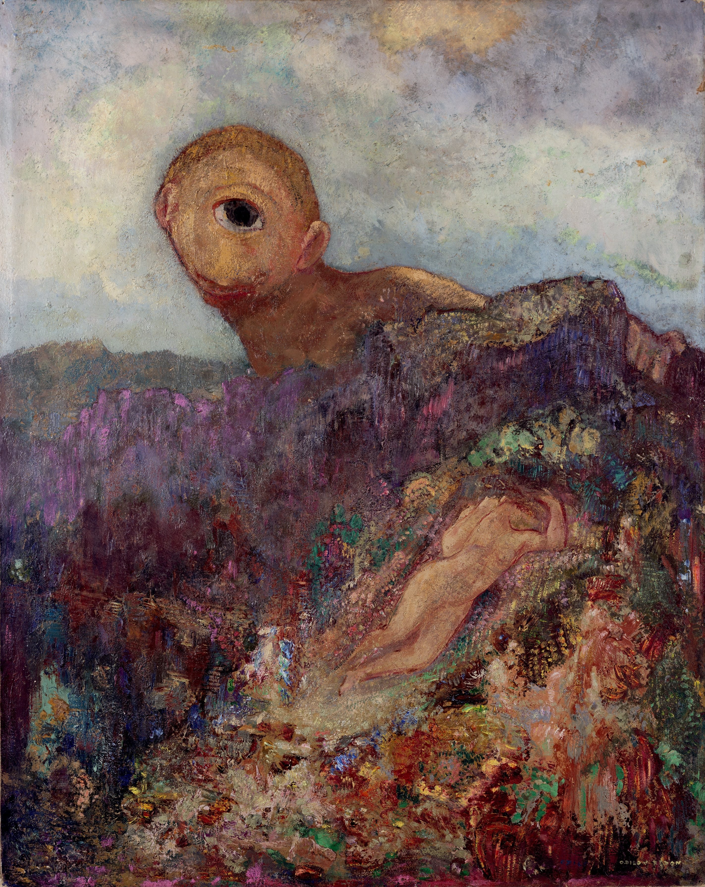 The Cyclops by Odilon Redon, a one-eyed giant peers over a rocky mountain at a reclining nude figure in a dreamlike landscape