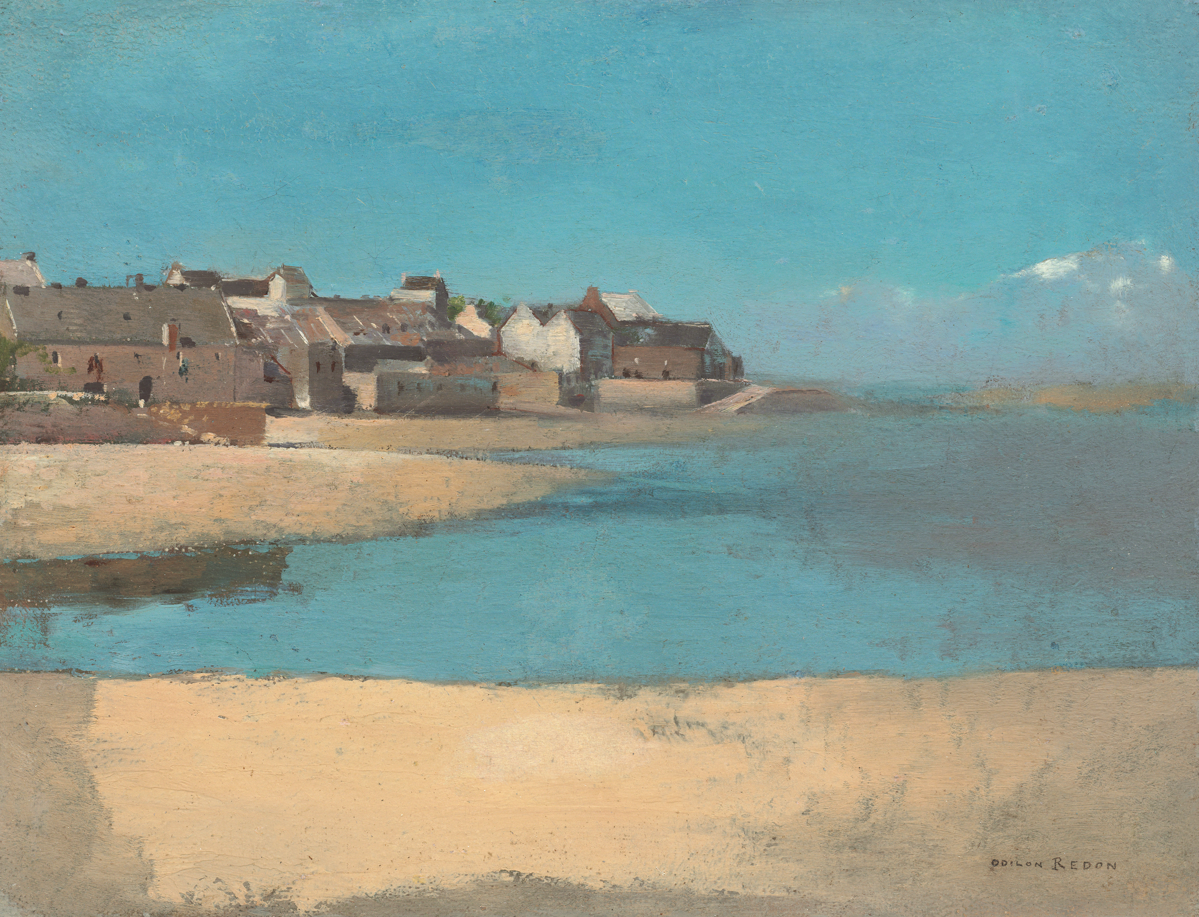 Village by the Sea in Brittany by Odilon Redon, a coastal village with white and brown buildings under an azure sky