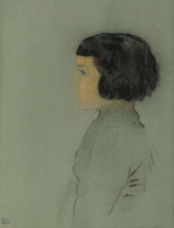 Young Woman in Profile by Odilon Redon, contemplative portrait in soft colors