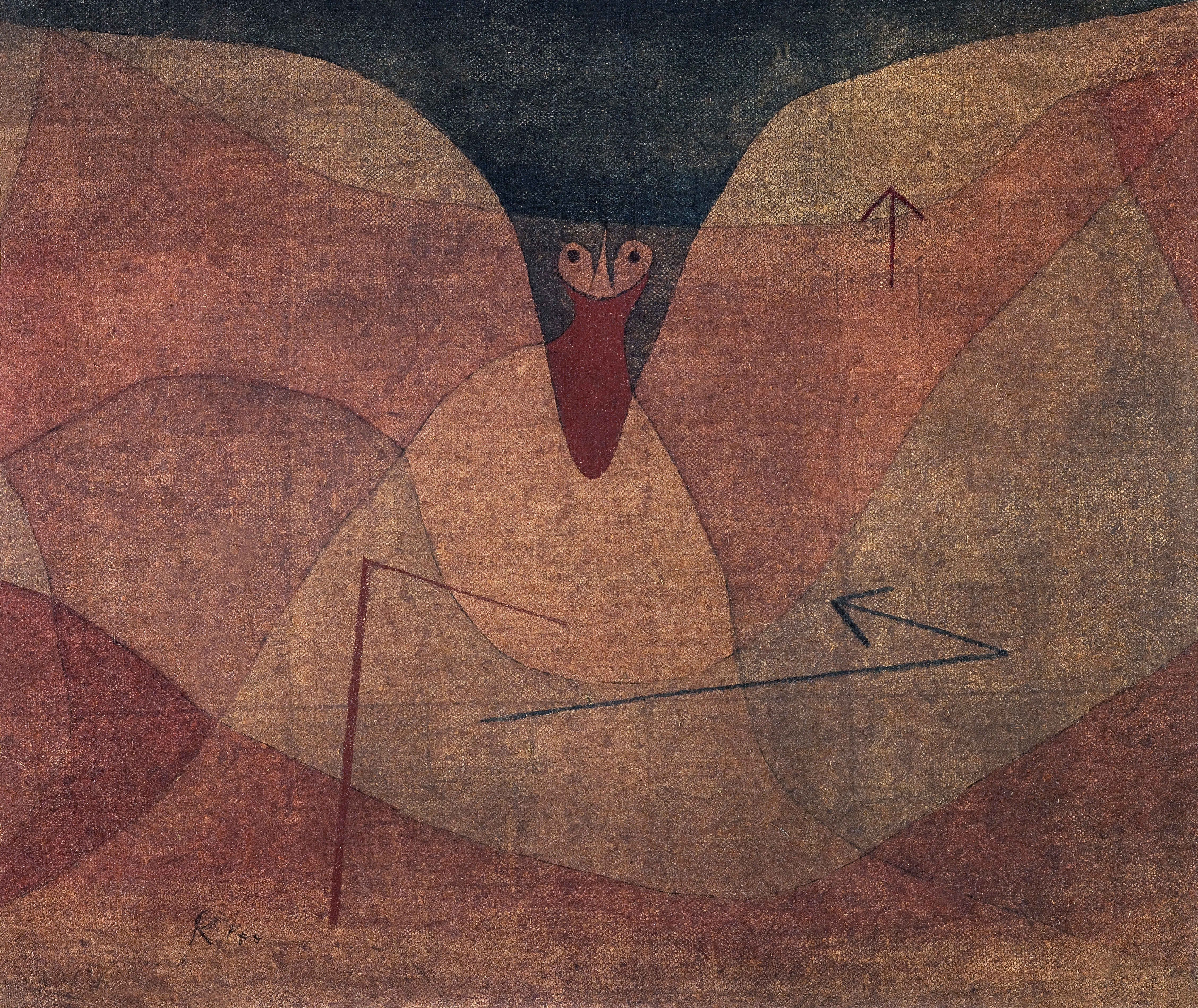 Aviatic Evolution by Paul Klee, a bird-like form in terracotta and rust tones with arrows suggesting flight