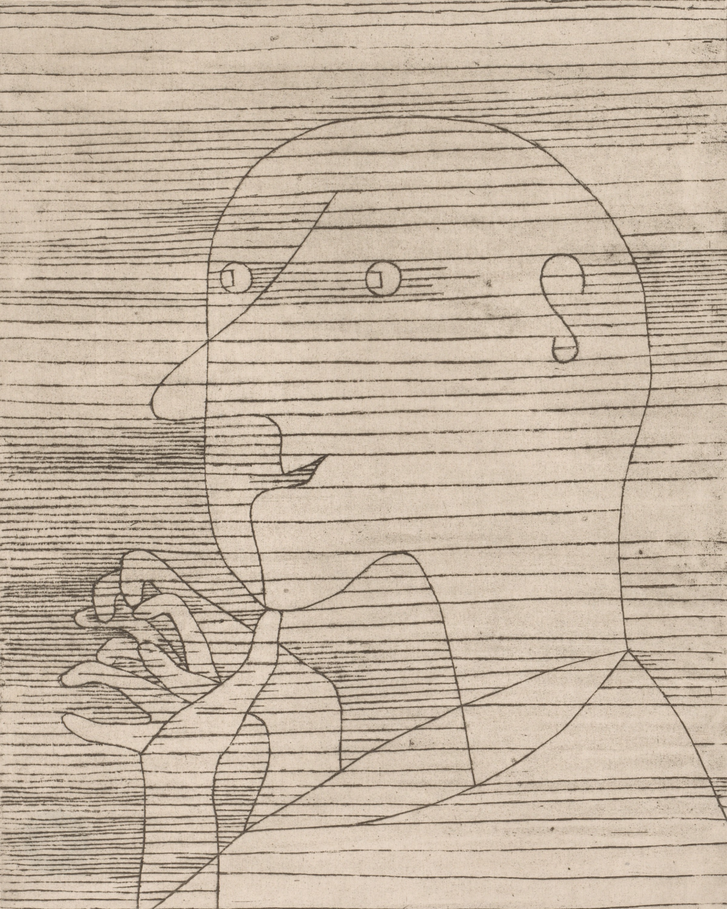 The Calculating Old Man by Paul Klee, a monochrome etching of a bald figure counting on his fingers against horizontal lines
