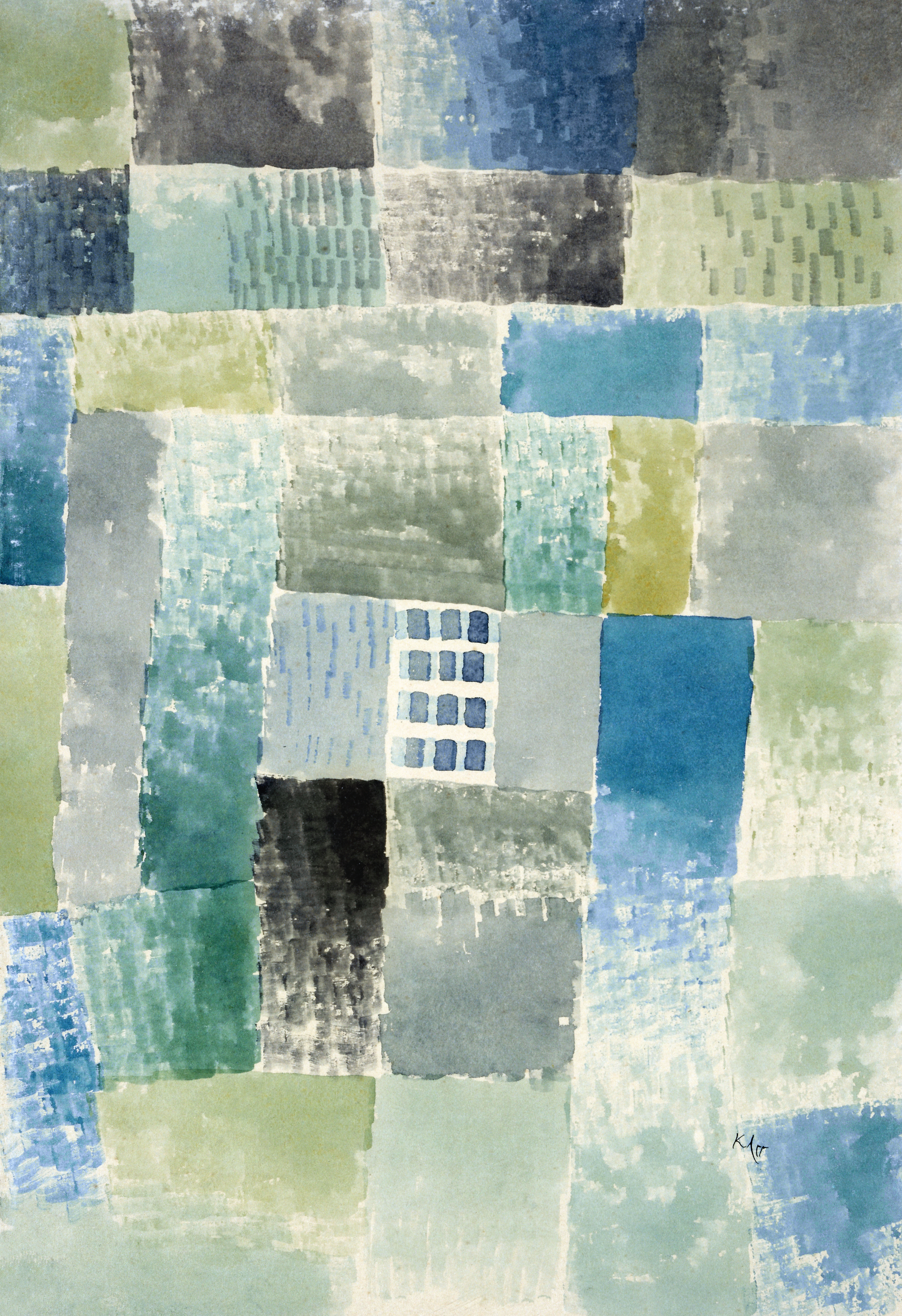 First House in a Settlement by Paul Klee, a watercolor of cool blues and teals with a small window suggesting a house