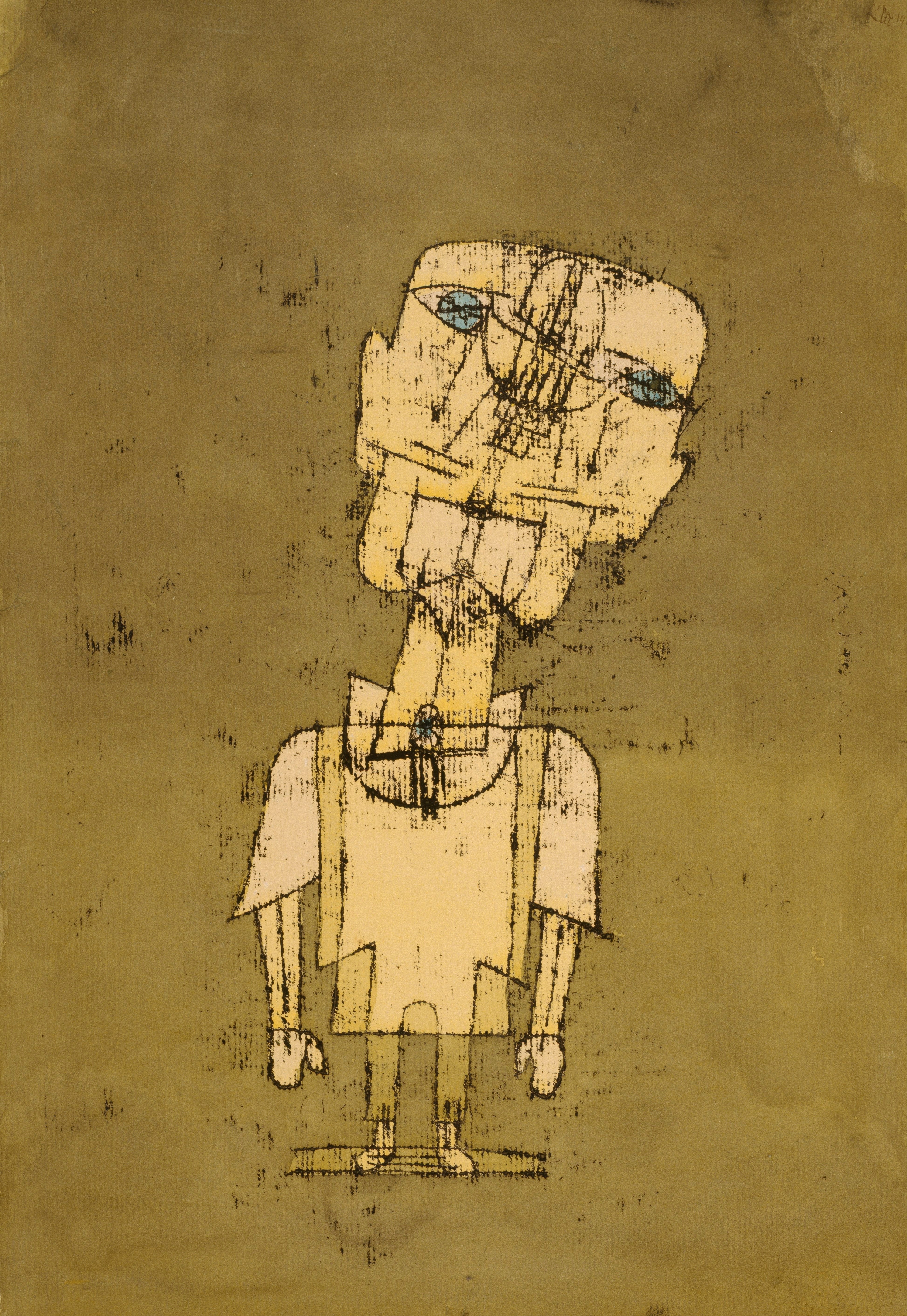 Ghost of a Genius by Paul Klee, an oil transfer portrait of a puppet-like figure with oversized head against an olive background