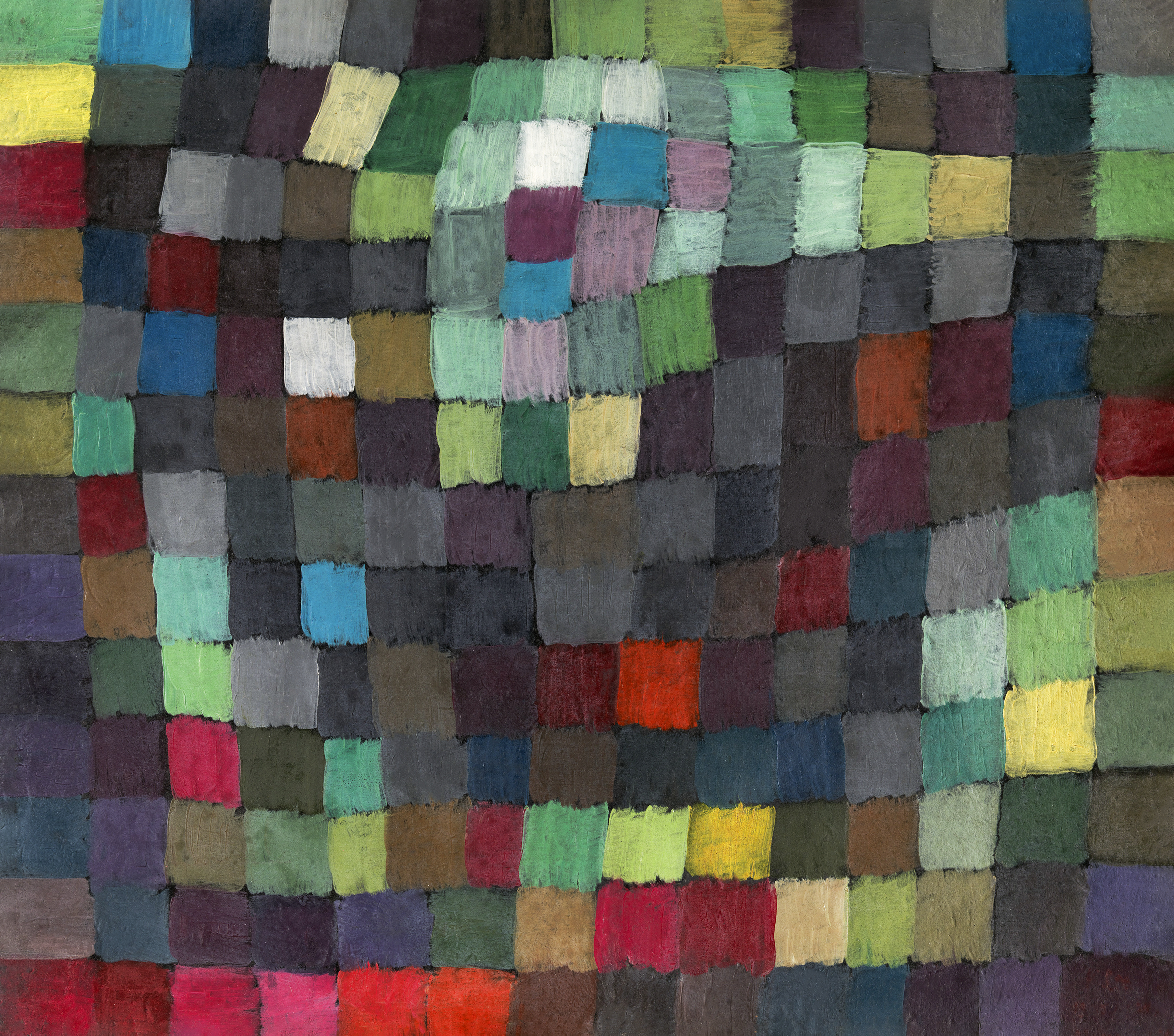 May Picture by Paul Klee, a vibrant grid of colored squares in emerald, red, turquoise, and purple