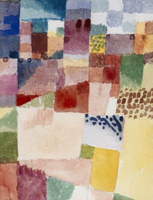Motif from Hammamet by Paul Klee, colorful watercolor of Tunisian town